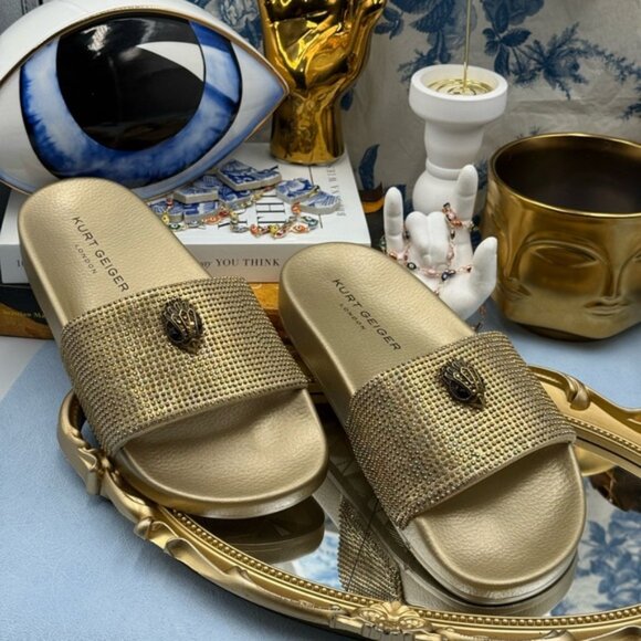 🆕 KURT GEIGER LONDON 🧿 NWOB Meena Eagle Gold Crystal Studded Slide, Sz US 7 - Picture 3 of 14